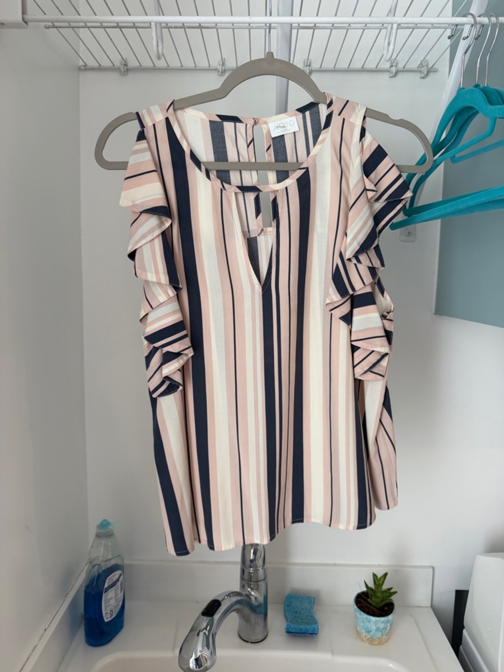 Abound Blush Pink and Navy Vertical Stripe Ruffle Blouse